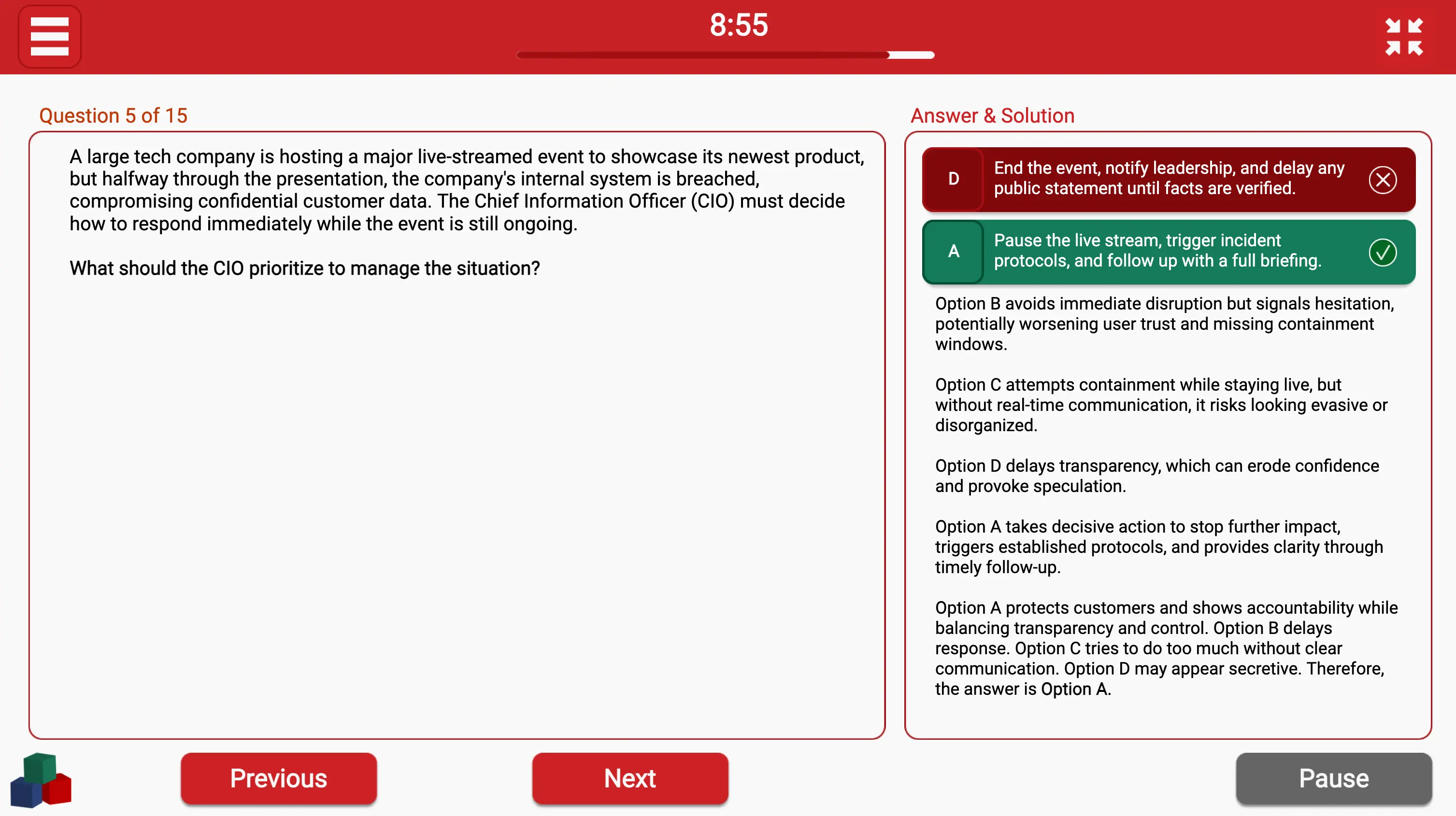 Bain TestGorilla Leadership and People Management - Decision-Making Under Pressure Question