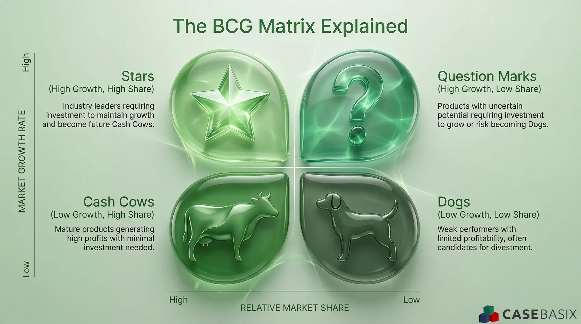 Infographic explaining the BCG Matrix with the four quadrants showing Stars, Cash Cows, Question Marks, and Dogs based on growth and market share.