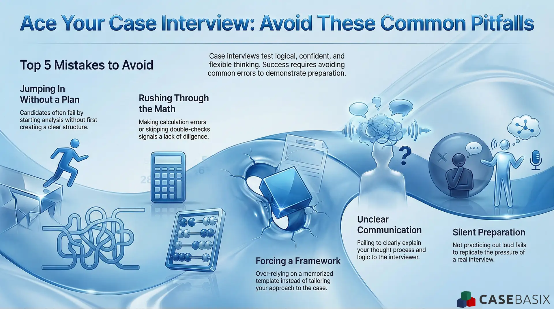 Infographic outlining common case interview mistakes including poor structure, rushed math, rigid frameworks, unclear communication, and silent practice.