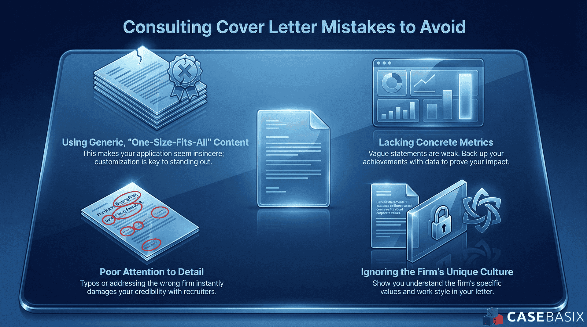 Infographic showing common consulting cover letter mistakes including generic content, weak metrics, poor detail, and ignoring firm culture.