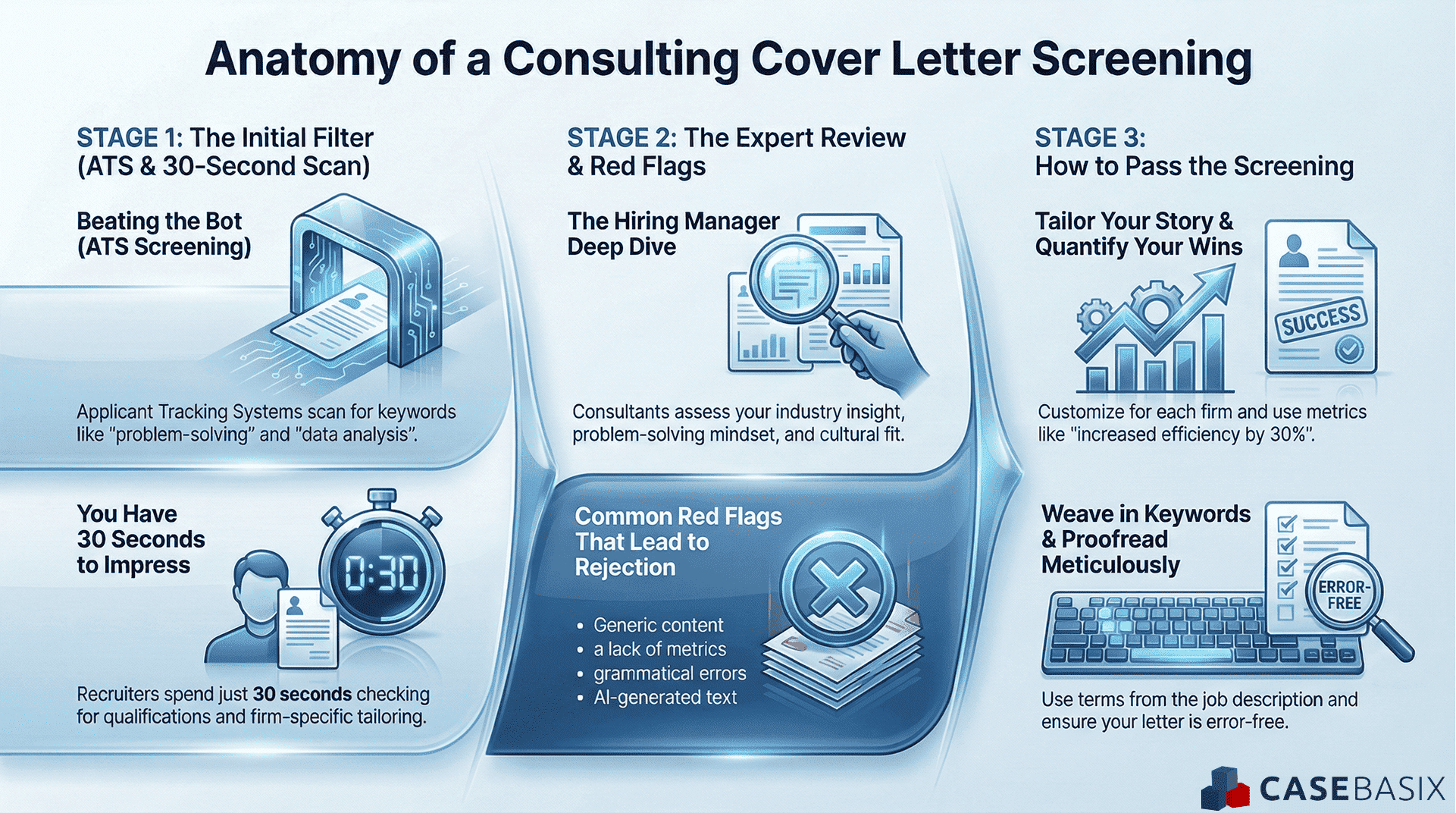 Infographic explaining consulting cover letter screening stages including ATS filtering, expert review, red flags, and steps to pass the evaluation.