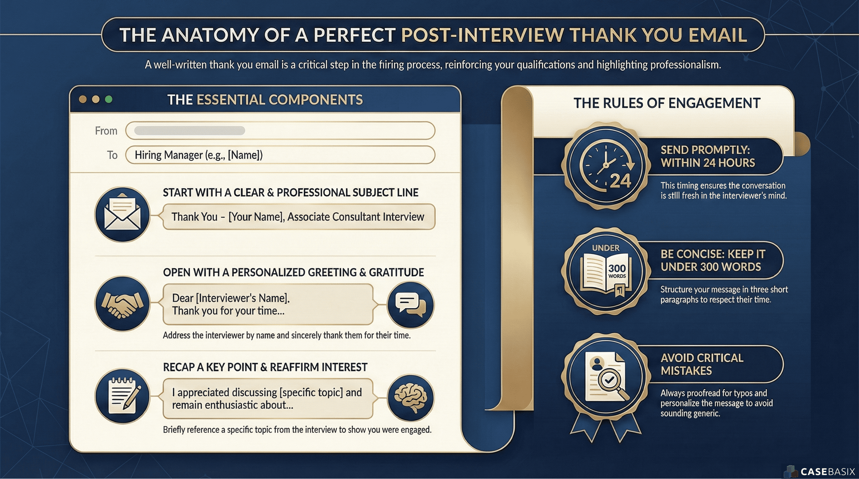 Infographic explaining how to write a thank you email after interview, including key components, timing guidelines, message structure, and common mistakes to avoid.