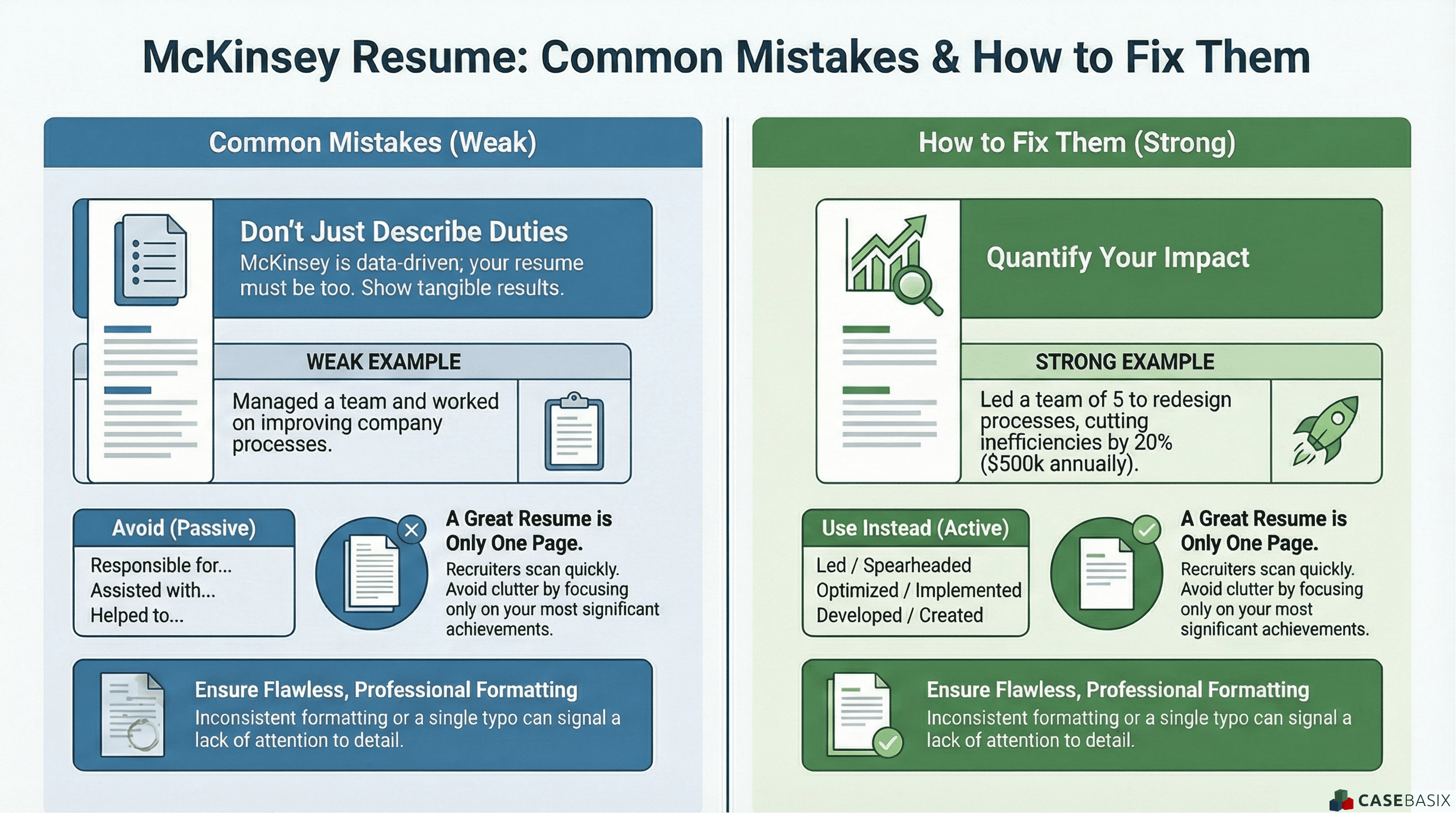 Infographic comparing weak McKinsey resume mistakes with strong fixes, showing how to quantify impact, use active verbs, and maintain clean formatting.