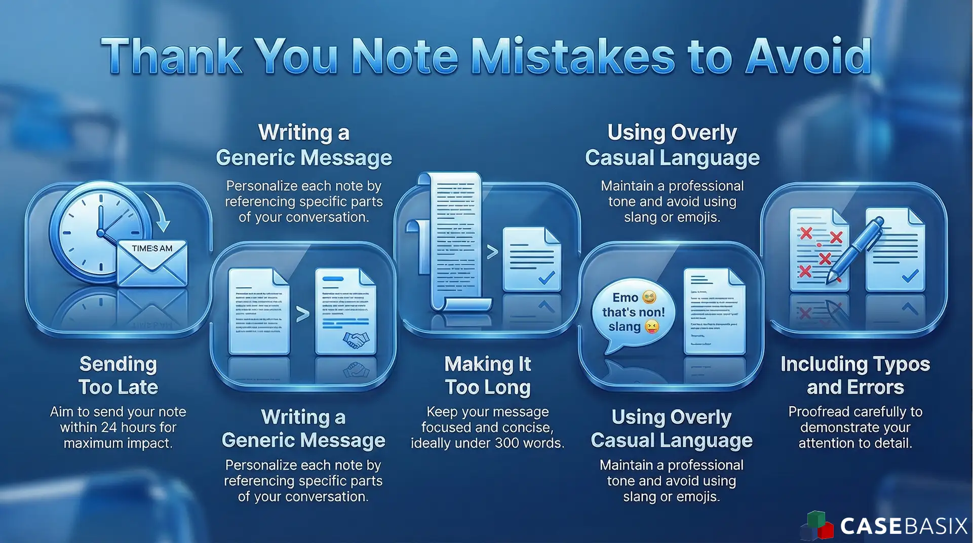 This infographic highlights common mistakes to avoid in a thank you email after interview, including timing issues, generic notes, casual tone, and errors.