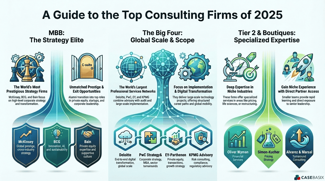 An infographic comparing top consulting firms in 2025 across MBB, Big Four, and Tier 2 boutiques, highlighting strengths, focus areas, and expertise.