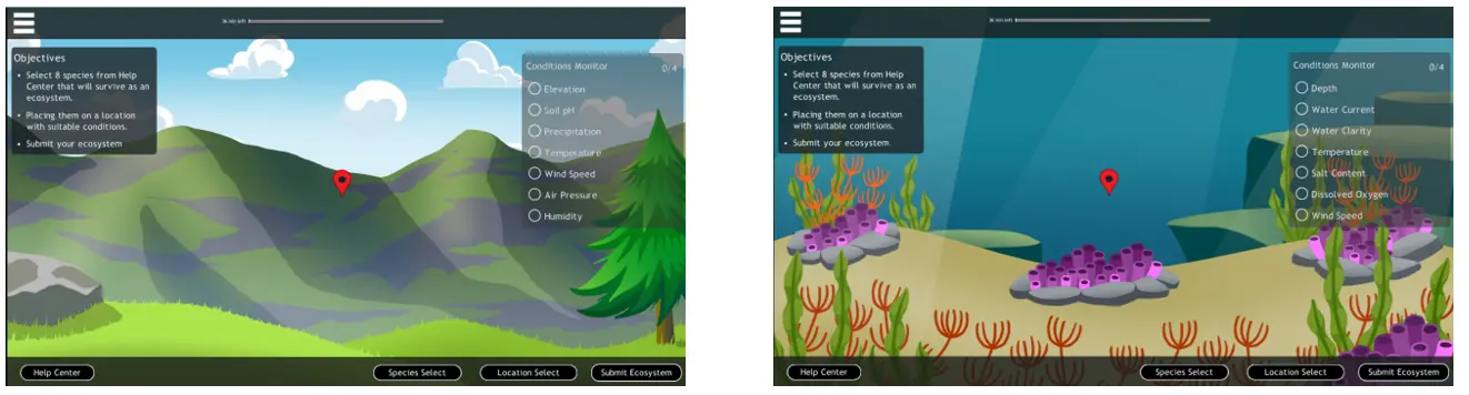 Mountain (Left) & Reef (Right) Scenario of Ecosystem Building Game