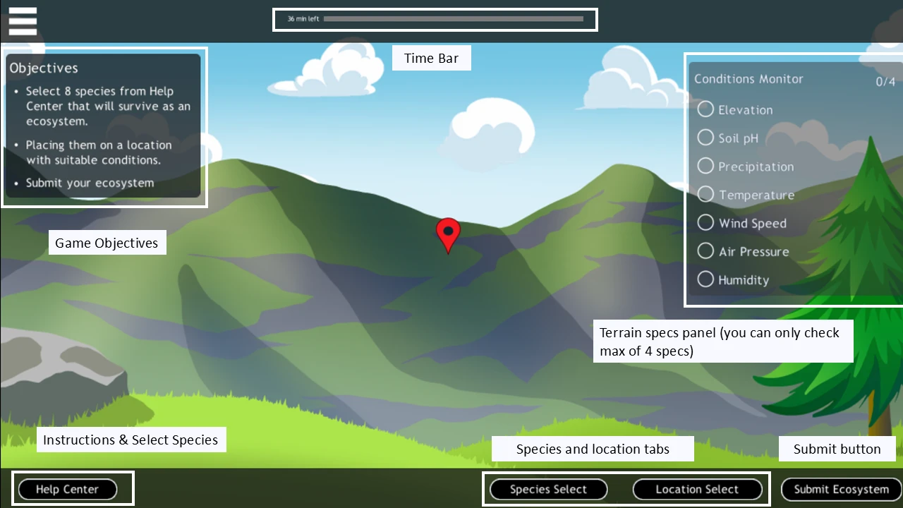 Ecosystem Building interface in the McKinsey Solve Game showing terrain selection, condition monitor, and species/location tabs.