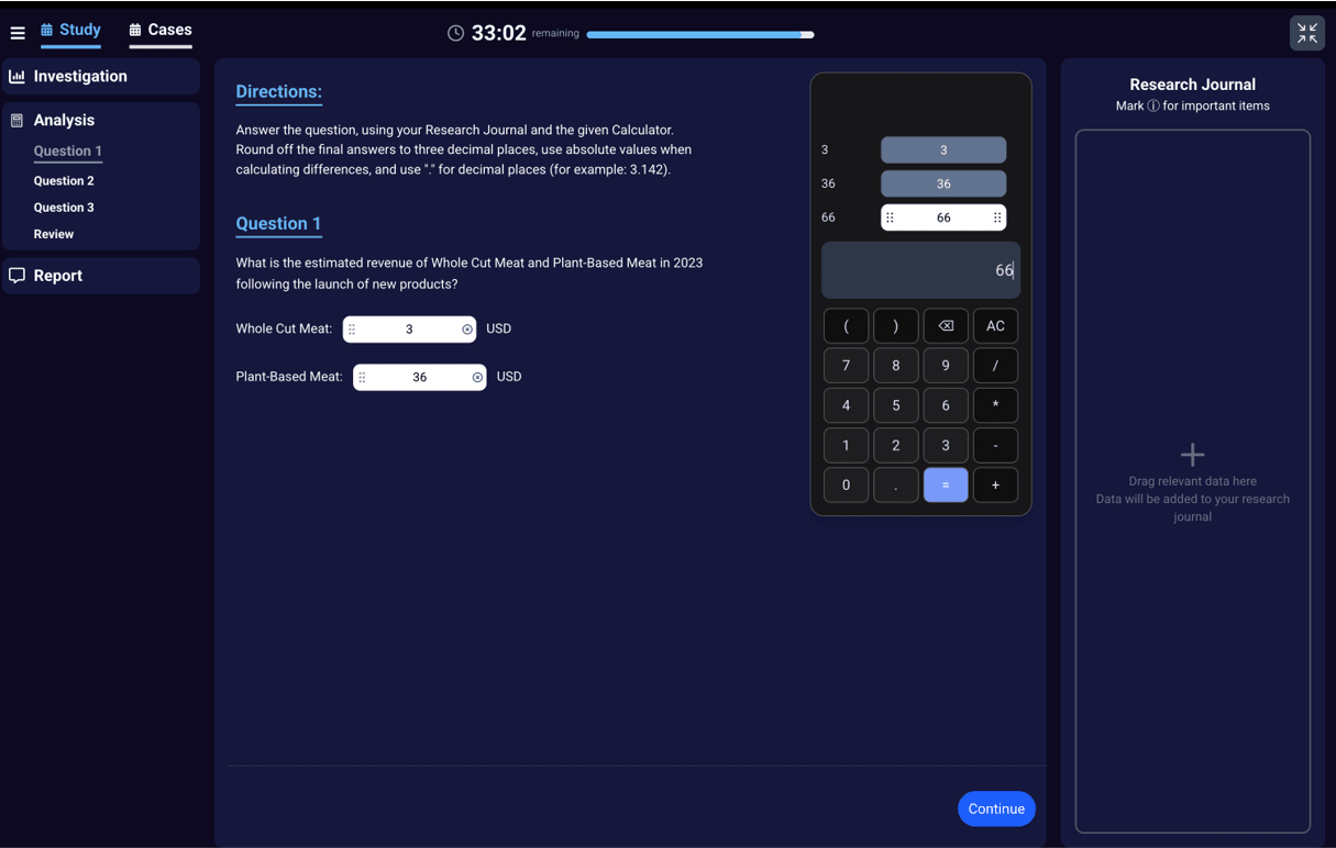Red Rock Study interface from the McKinsey Solve Game showing questions in Analysis Phase