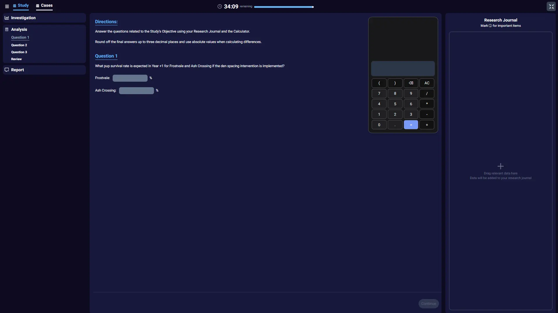 Red Rock Study interface from the McKinsey Solve Game showing questions in Analysis Phase