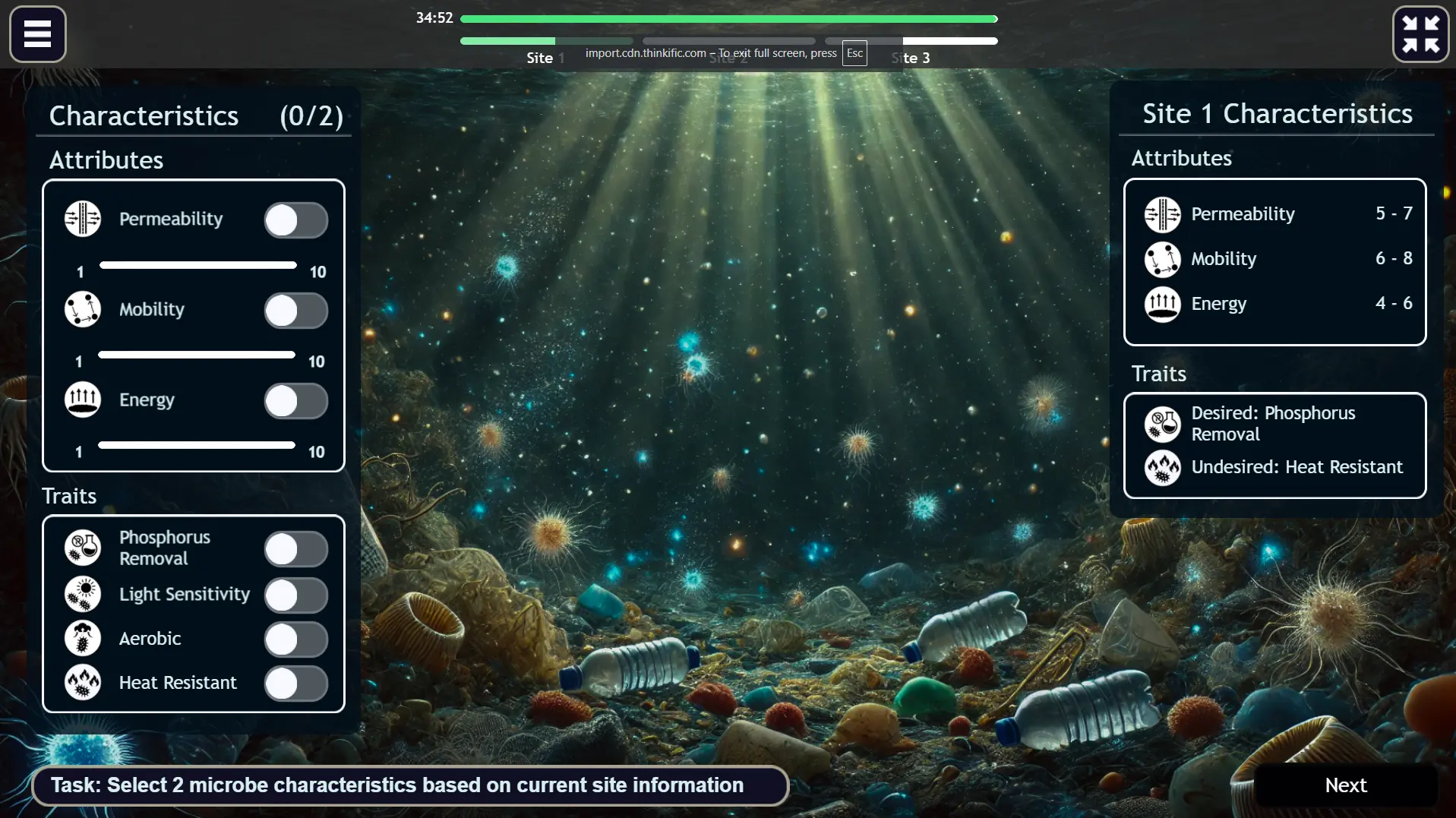 Step 1 in the McKinsey Solve Game showing Site 1 characteristics and microbe trait selection in the Sea Wolf Game