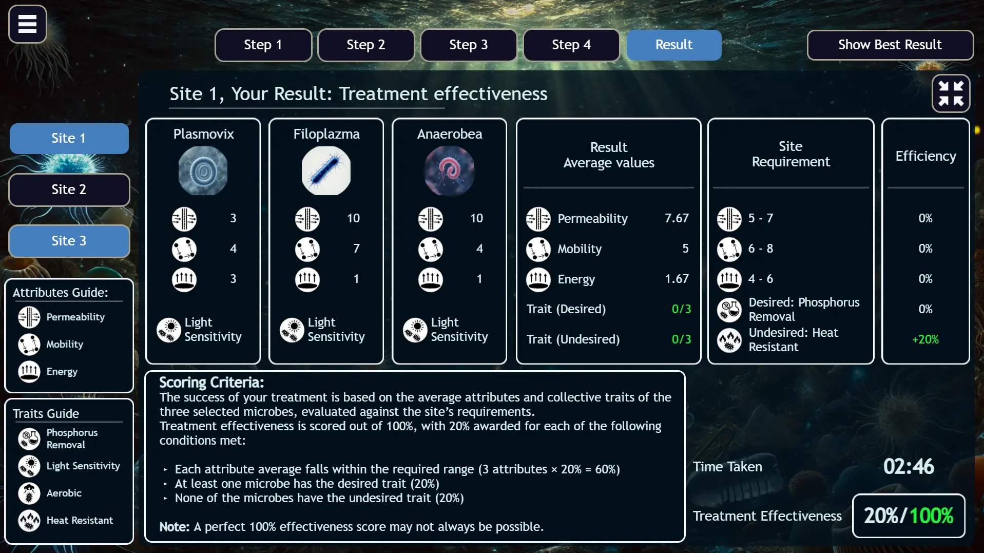 CaseBasix Sea Wolf simulation result for McKinsey Problem Solving Game showing 40% Site 1 score.