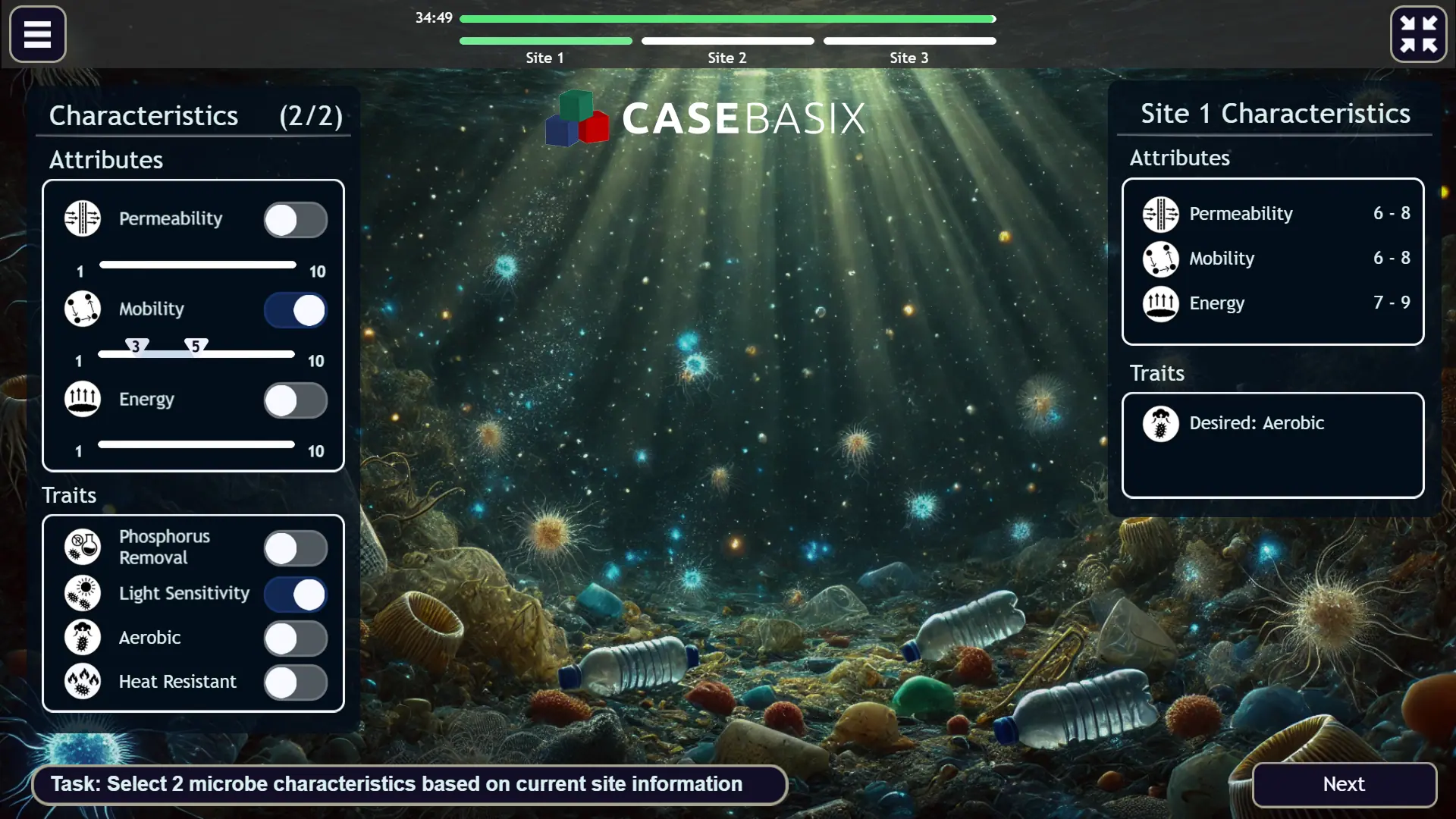 Step 1 in the McKinsey Solve Game showing Site 1 characteristics and microbe trait selection in the Sea Wolf Game